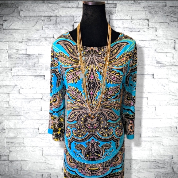 Teal Turquoise Stretch Mini Dress 3/4 Sleeves Boat Neck Flattering Fit D10 - Picture 2 of 11